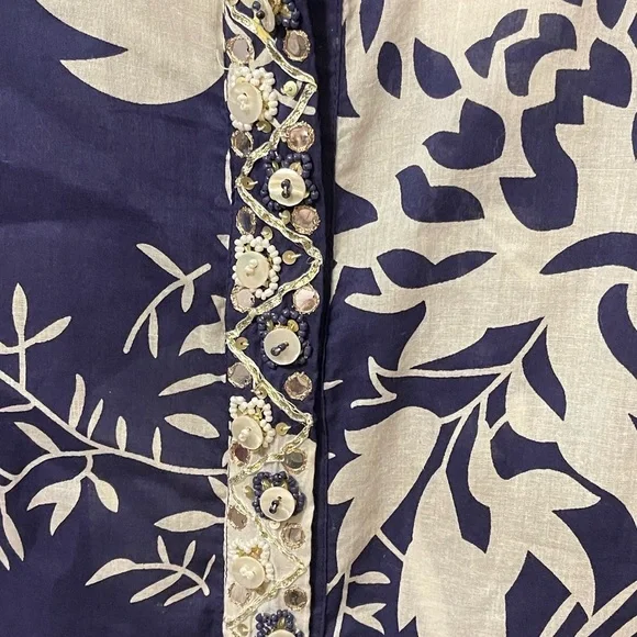 Soft Surroundings beaded tunic cotton blue white leaf print embellished 1X - Picture 10 of 12